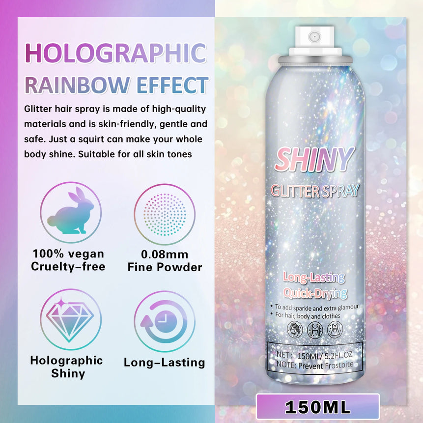 2025 Hot Sale Holographic Rainbow Silver Glitter Spray for Hair Body Quick-Drying Long Lasting Glitter Christmas Decorations