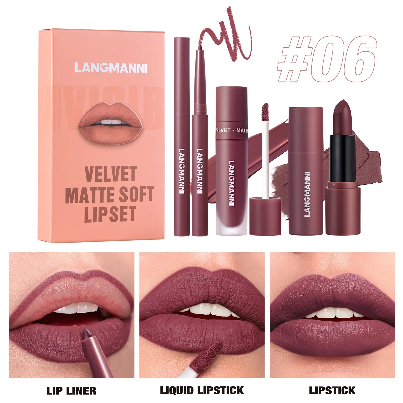 3pcs/Set Long Lasting Waterproof Lip Makeup Kit - Soft Smooth Creamy Lipliner Lipstick & Liquid Velvet Lipstick Set