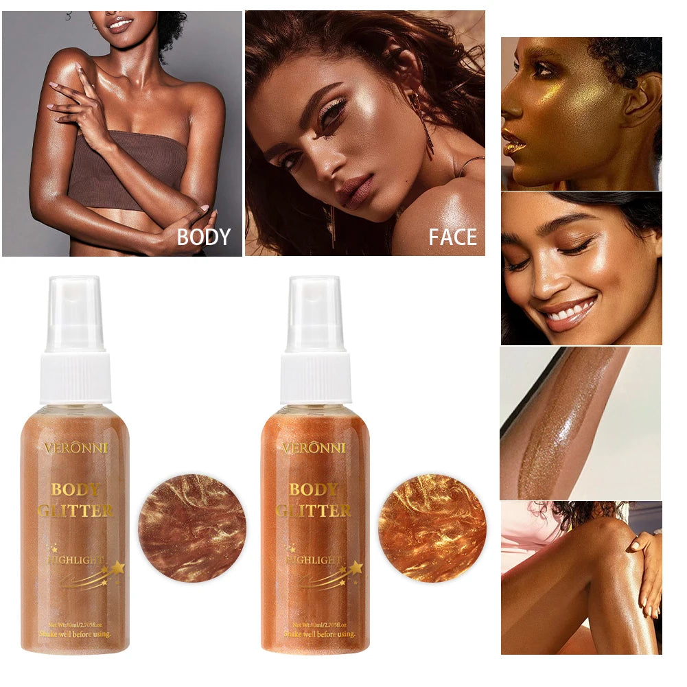 Liquid Body Highlighting Glow Shimmer Spray Cosmetic Waterproof Oil Lotion Makeup 4 Color High Gloss Glitter Spray for Face Body