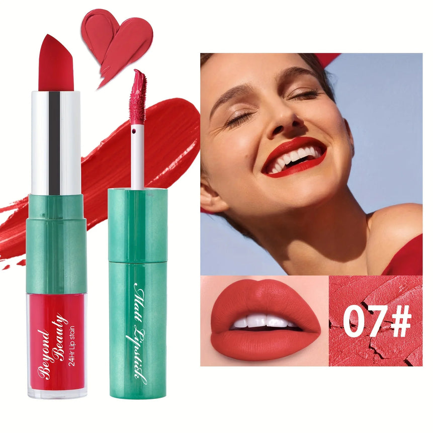 Dual Head Matte Velvety Finish Lipstick, Long Wear High Pigmented Not Sticky Cup Lip Gloss, Lip Stick + Liquid 2 IN 1