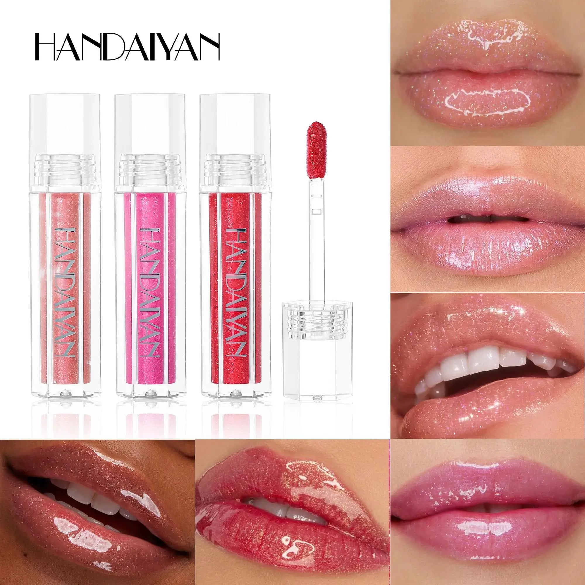 HANDAIYAN Lip Gloss Plumping Glitter Jelly Nude Red Liquid Lipstick Waterproof Moisturizing Oil Infused Long Lasting Sexy