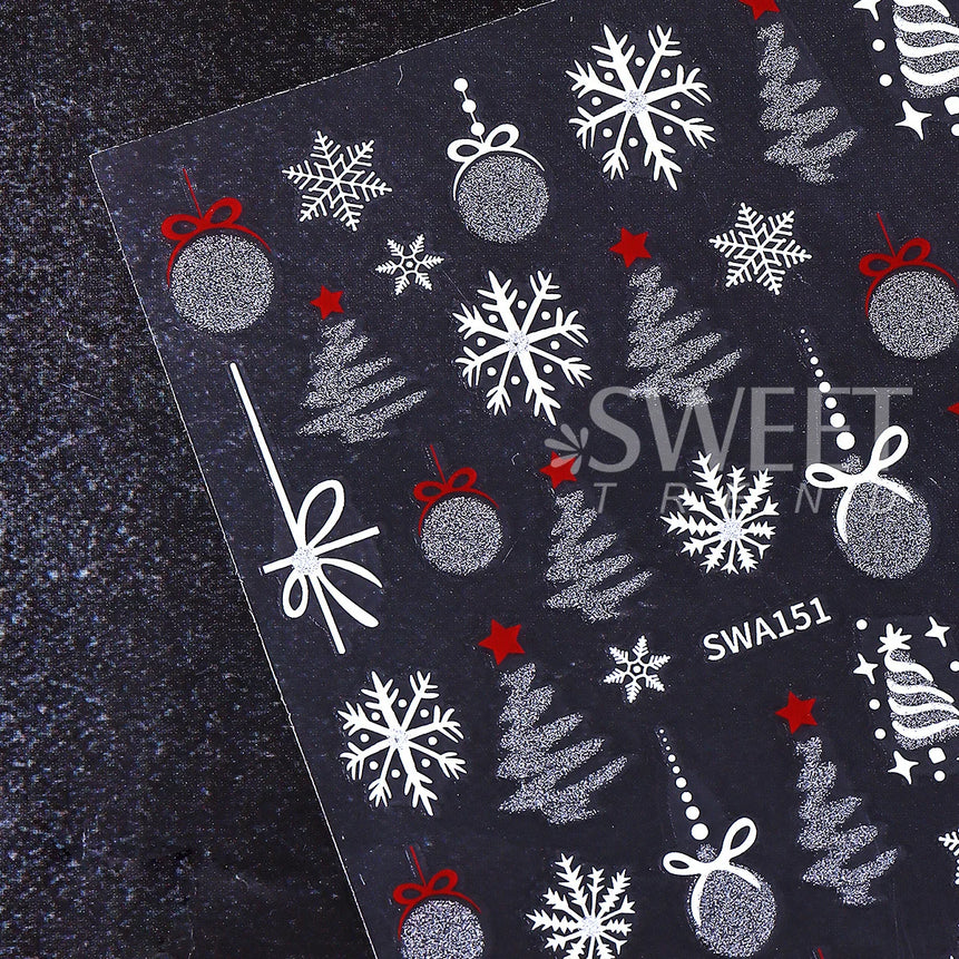 2pcs Sparkle Silver Winter Nail Sticker Geometry Snowflakes Xmas Tree Decorative Balls Adhesive Sliders Christmas Manicure Decal