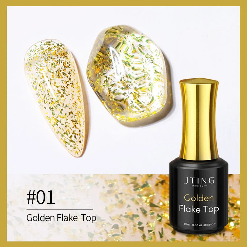 JTING 1pc 15ml Popular Glitter Chrome Foil Flakes Gold Sliver Top Coat Base Gel Polish