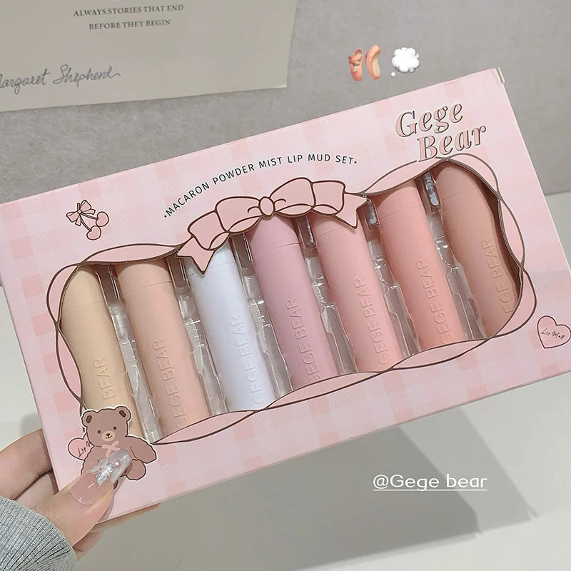 Dark Brown Matte Velvet Lip Mud Gloss Gege Bear Dark lipstick Non-stick Cup Lasting Nude Brown Lips Tint for Fall&Winter