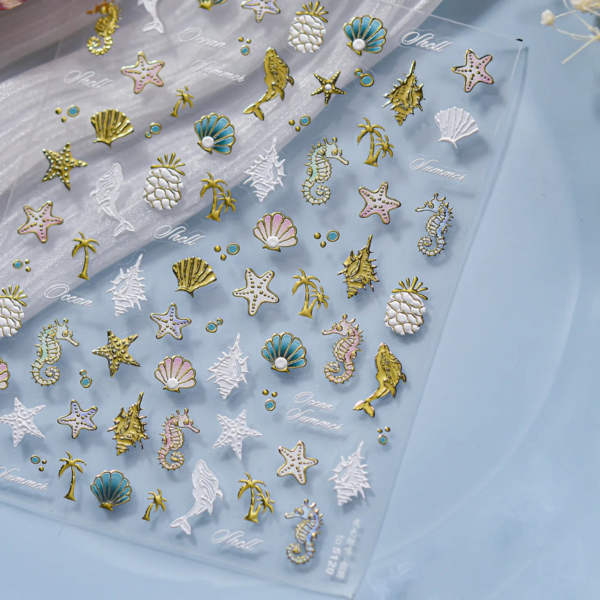 Ocean Shell Starfish Shell Conch Whale Dolphin Seahorse Coconut Tree Water Bubbles Self Adhesive Nail Art Sticker Manicure Decal