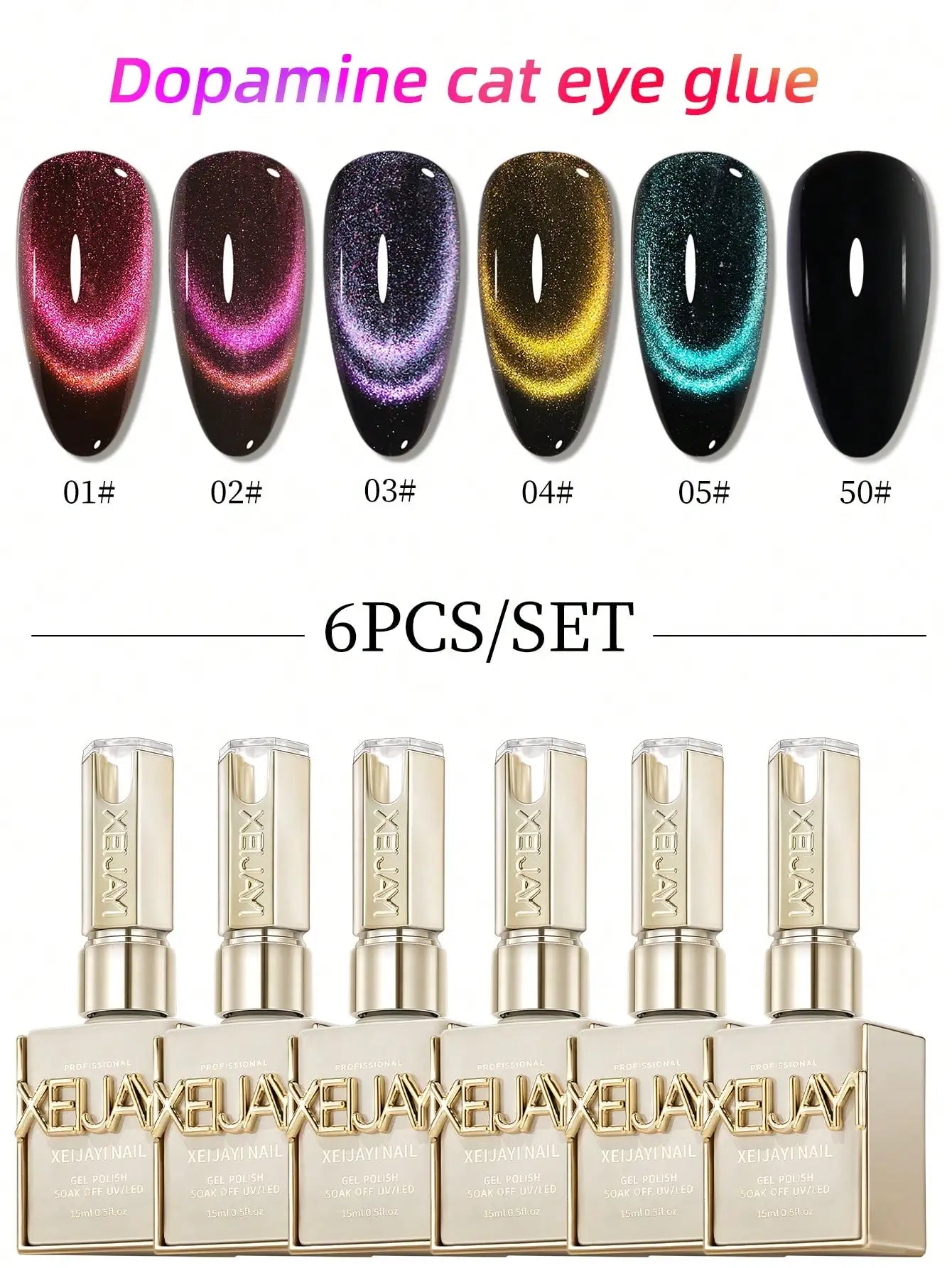 XEIJAYI 15ml Cat's Eye Gel Nail Polish Set, 5Colors Cat Eye And Black Nail Gel Quality DlY Nail