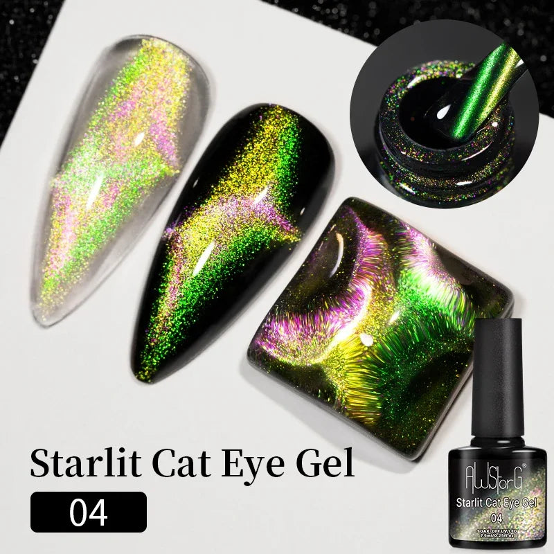 AWStorG 7.5ML Golden Gradient Cat Eye Magnetic Gel Sparkling Glitter Nail Polish Semi Permanent UV Nail Art No Need Base Color