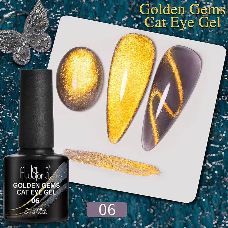 AWStorG 7.5ML Golden Gradient Cat Eye Magnetic Gel Sparkling Glitter Nail Polish Semi Permanent UV Nail Art No Need Base Color