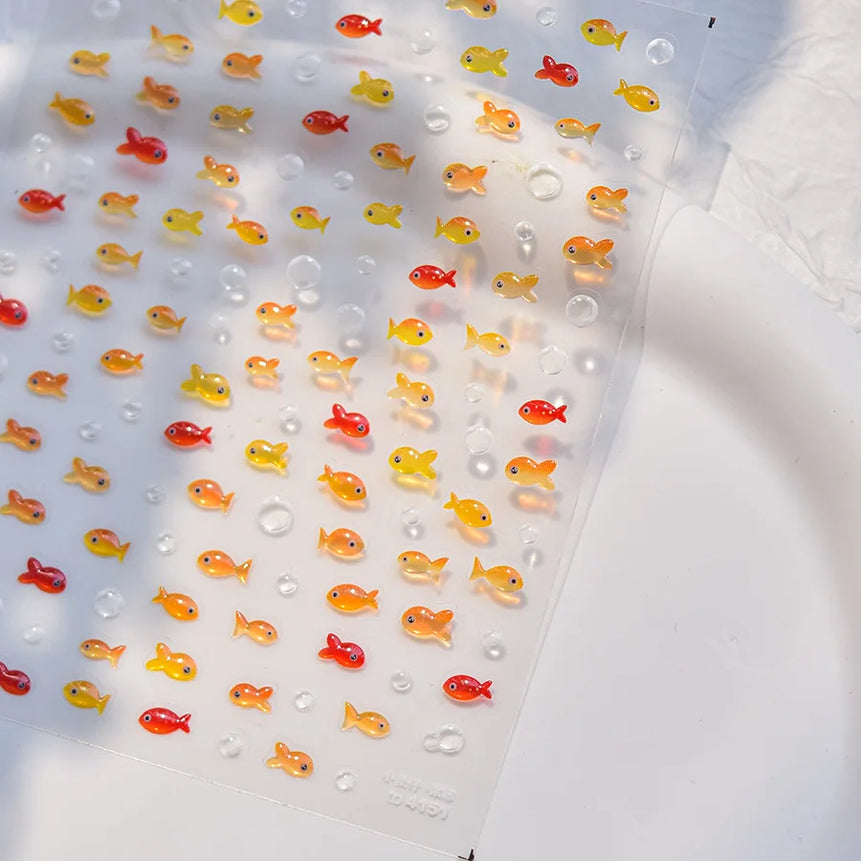 Goldfish Cavort Water Grass Lotus Flower Leaf Brocaded Carp Koi Ripple Droplet Water Bubbles 5D Nail Art Stickers Manicure Decal