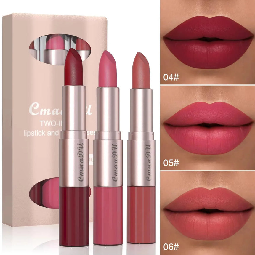 3 Pcs Long-Lasting Lipstick Lip Gloss Set-Double Headed Design for Natural Non-Fading Waterproof Non-stick Cup Exquisite Gift