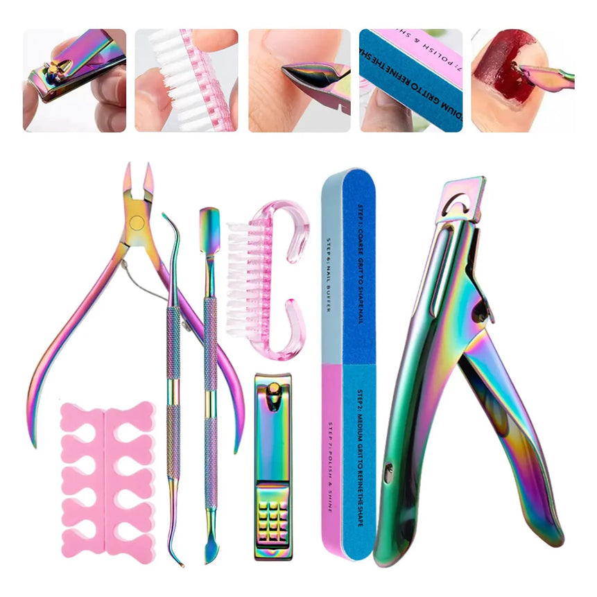 8pcs Manicure Nail Care Kit with Cuticle Nipper Metal Pusher Nail Clipper Cleaning Brush Buffer Block Dead Skin Remover Tools