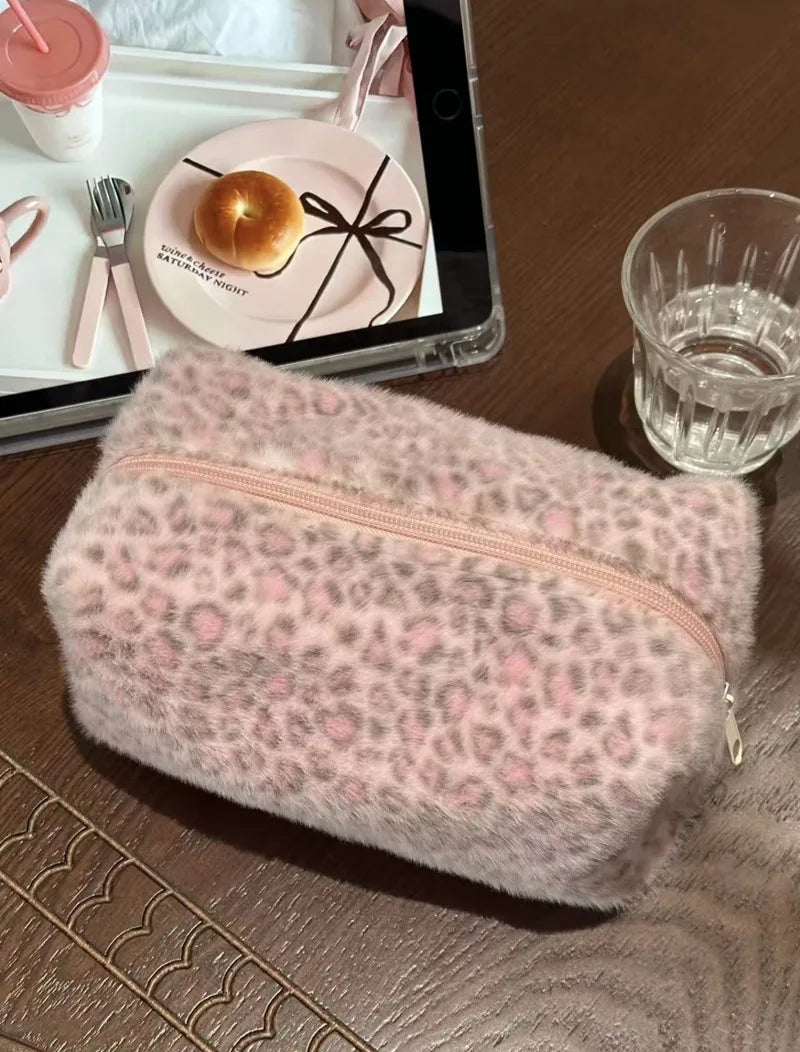 Cute Plush Leopard Travel Cosmetic Lipstick Brush Portable Storage Bag Women Makeup Handbags Wallet Pouch Make Up Bags Organizer