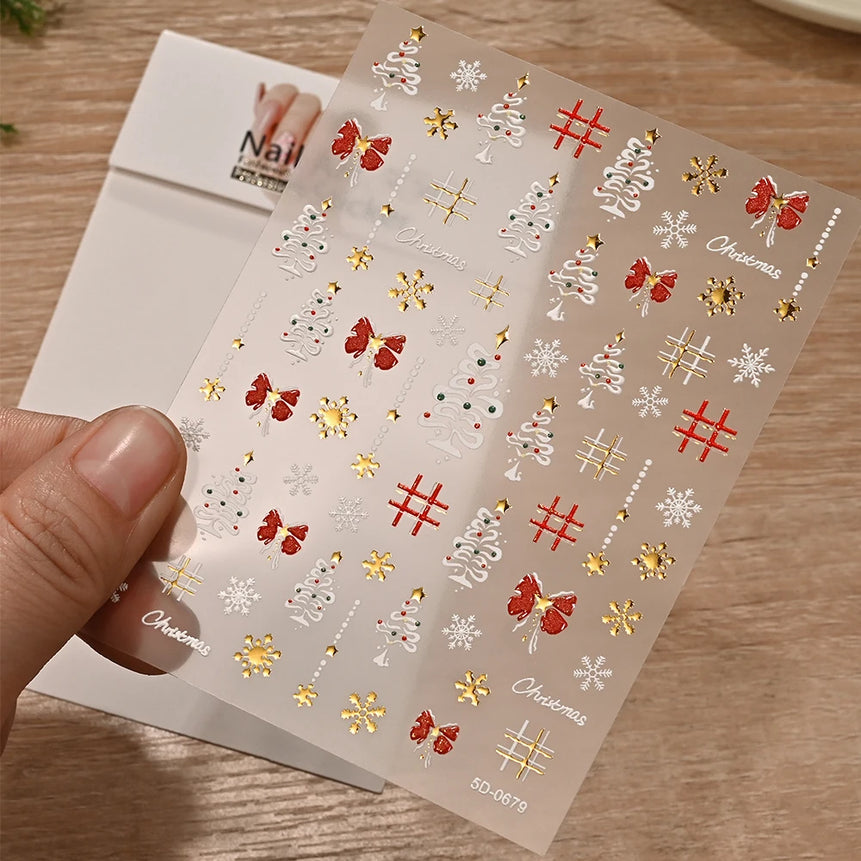 5D Red Bowknot/Gold Snowflakes/Christmas Tree Nail Stickers Cute White Snowflake Bow Christmas Nail Decals New Year Nail Supplie