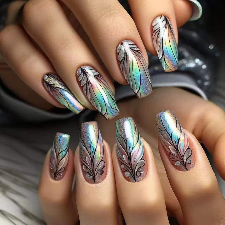24Pcs Medium Short Square False Nails Glittering Nail Art White Wearable Fake Nail Silver French Full Cover Press on Nail Tips