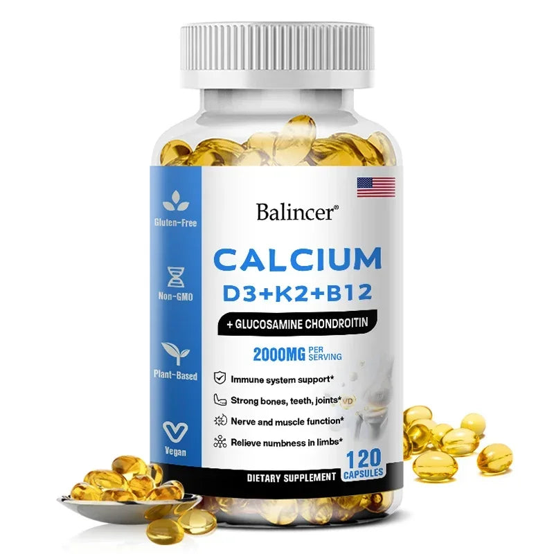 Calcium Supplement with Vitamins D3+K2+B12 Supports Nerve and Muscle Function, Heart Health and Immunity