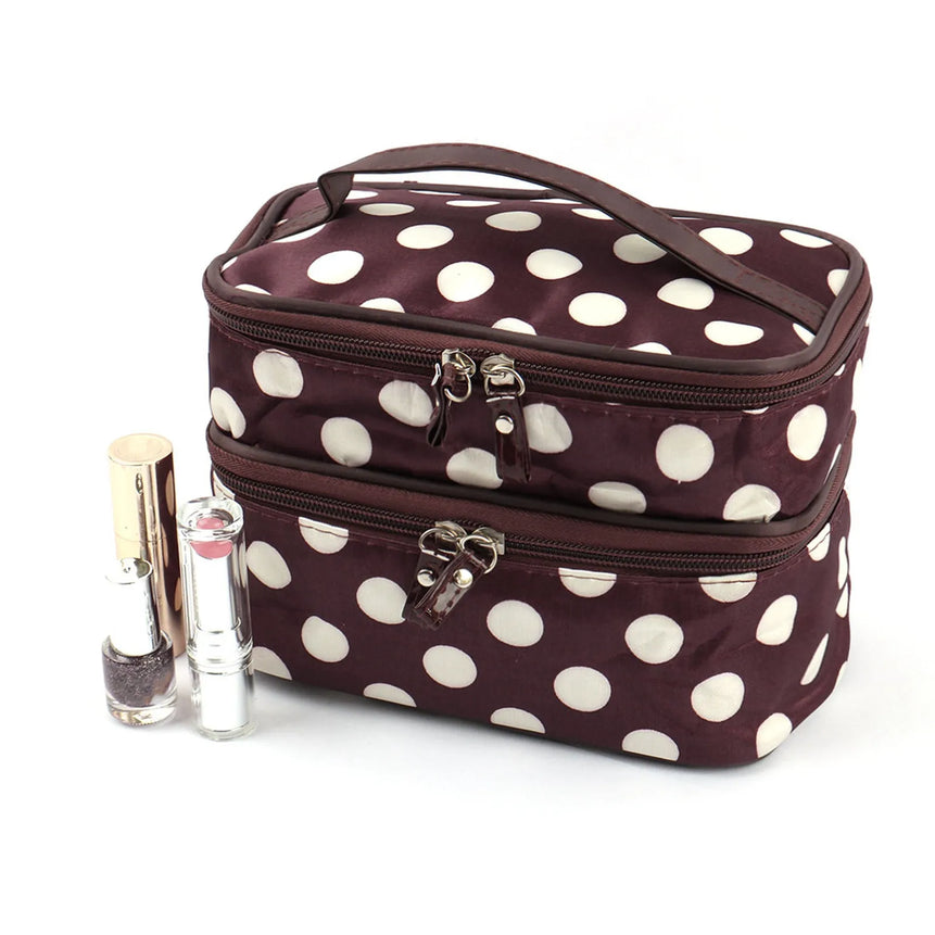 Women'S Travel Cosmetic Makeup Bag Organizer Double Layer Dot Pattern Toiletry Bag Case Pouch With Mirror For Woman