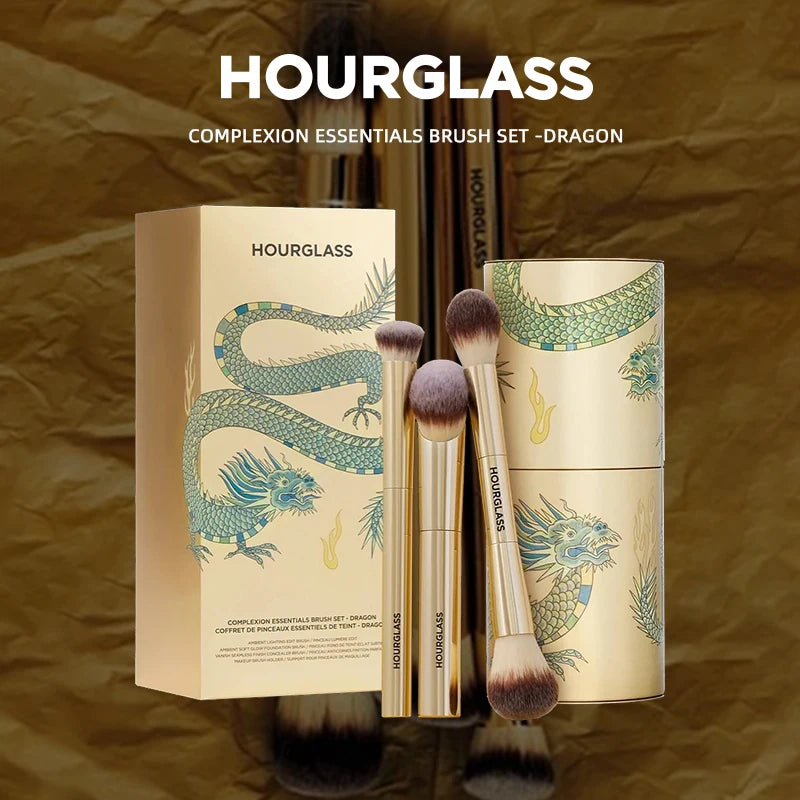 HOURGLASS Complexion Essentials Brush Set -Dragon series 3 makeup brushes with a Packaging box and a Brush bucket
