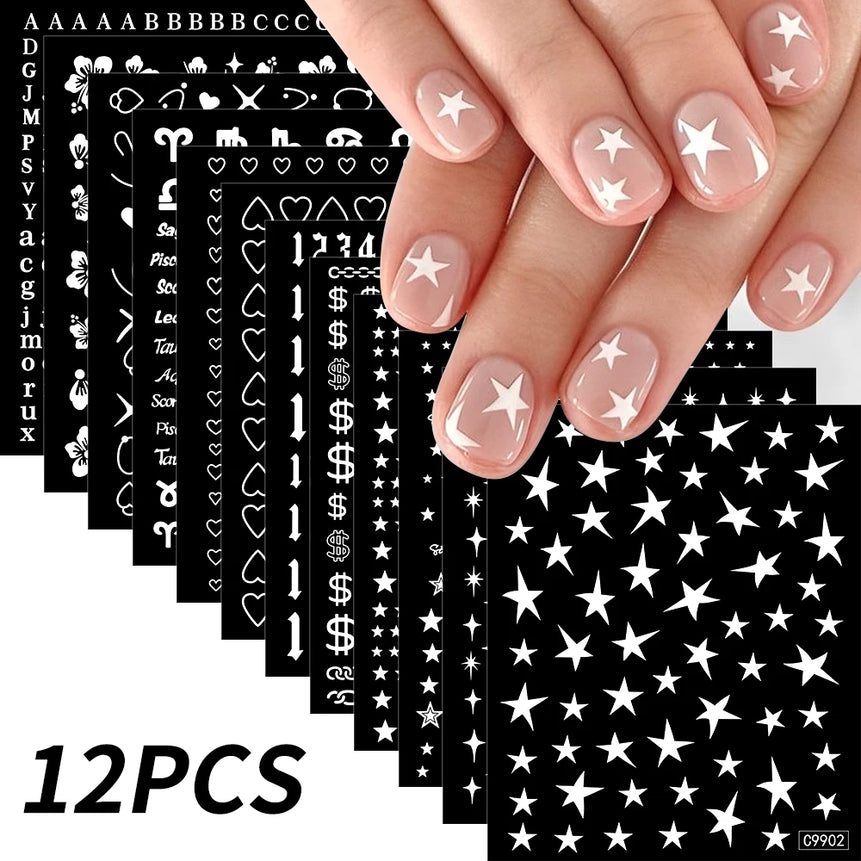 12Pcs 3D Gold Sliver Stars Nail Stickers Bronzing Starlight Nail Art Decals Self Adhesive Slider Decals DIY Nail Tips Decoration