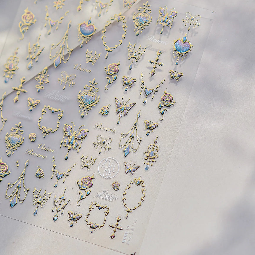 Elegant Gold Scepter 5D Nail Art Stickers Gorgeous Gemstone Luxury Courtly Pattern Necklace Frame Self Adhesive Manicure Decals
