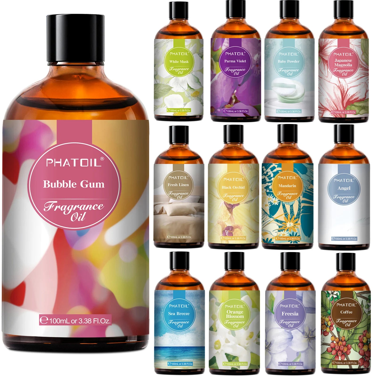PHATOIL 100ml Fragrance Oil Coconut & Vanilla Bubble Gum Sea Breeze White Musk Aroma Fragrance Oils For Candles Soap Making