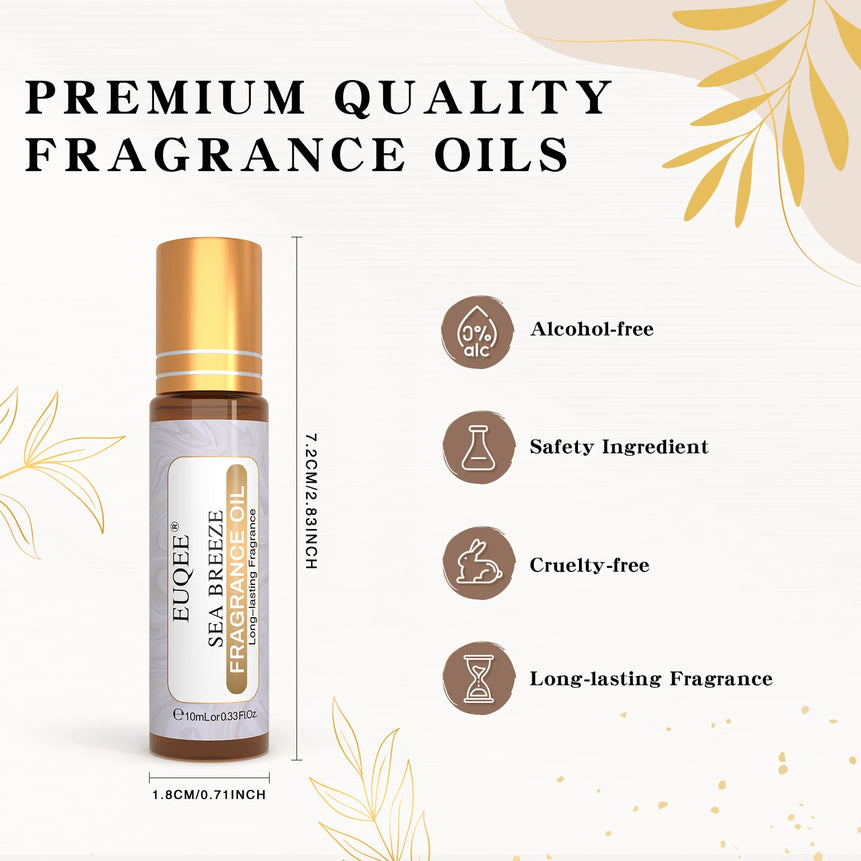 EUQEE 10ml Roll-On Fragrance Oil for Skin Sea Breeze White Musk Coconut & Vanilla Bubble Gum Green Tea Long Lasting Scent