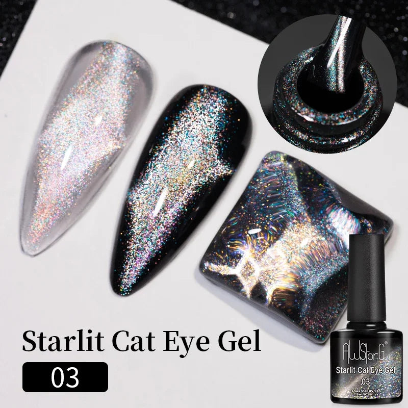 AWStorG 7.5ML Golden Gradient Cat Eye Magnetic Gel Sparkling Glitter Nail Polish Semi Permanent UV Nail Art No Need Base Color