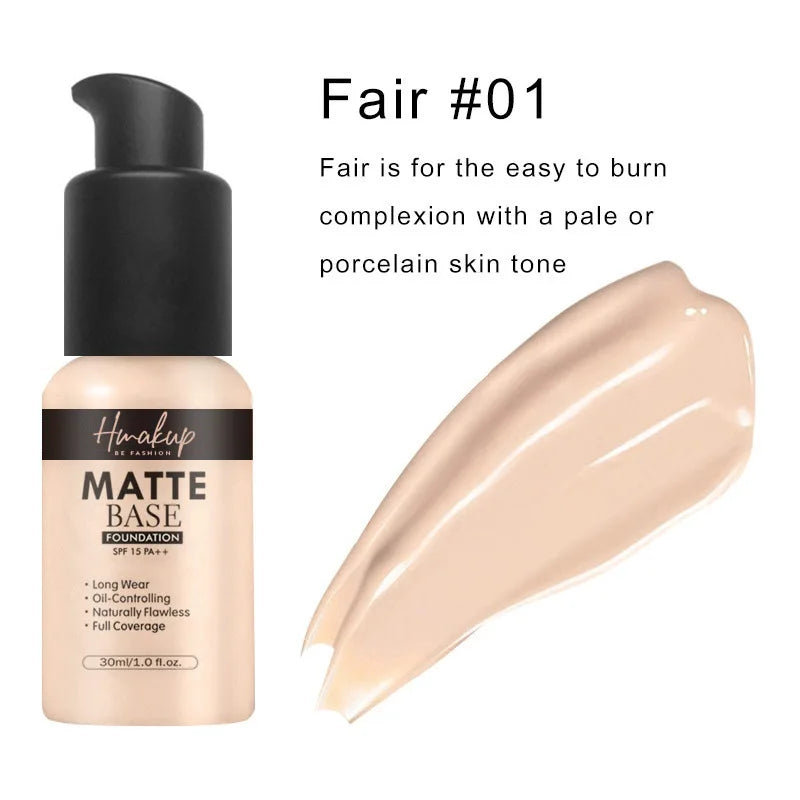 30ml 6-Color Matte Liquid Foundation | Oil-Control, Waterproof, Long-Lasting, Full Coverage, Natural Face Base and Concealer Makeup