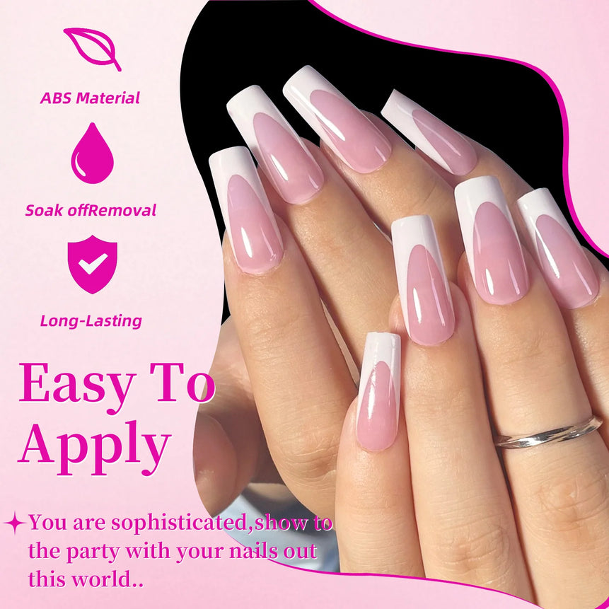 144pcs French hand and foot wear nail set summer short square shiny false toenail acrylic full coverage suitable for nail salon