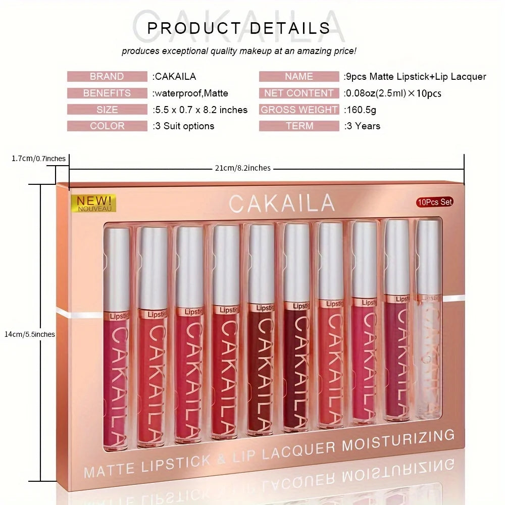 10Pcs Matte Lip Gloss Set - Waterproof Non-Stick Cup Liquid Lipstick Kit Nude Bold Shades Moisturizing Lip Tint for Women Makeup
