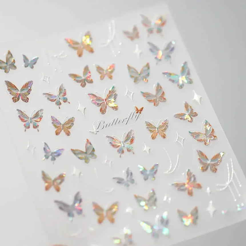 Shiny Jelly Butterfly Charming Golden Gradient Bowknot 5D Self Adhesive Nail Art Sticker Flower Petal Rhinestone Manicure Decals