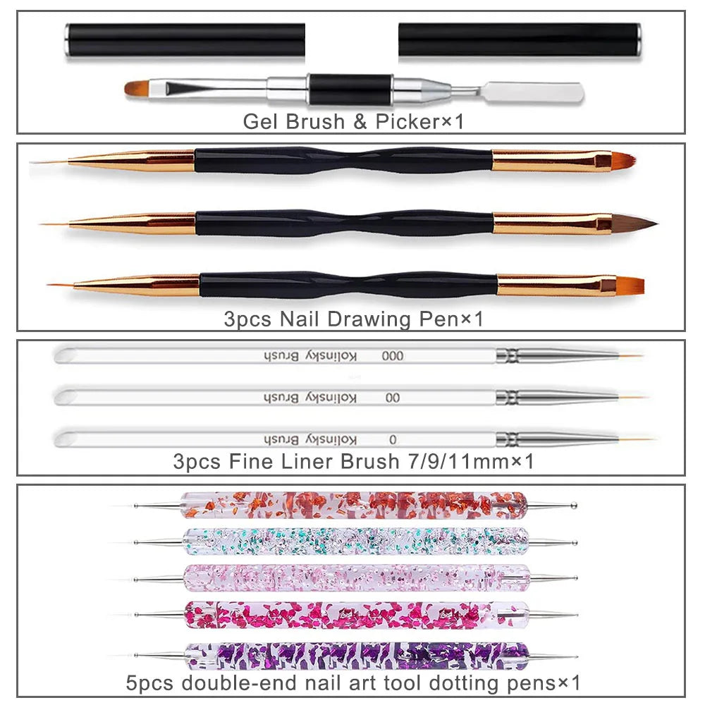 12pcs Nail Art Brushes, Nail Art Tool Set, Dotting Tools, Dust Brush,Striping Brushes for Long Lines, Drawing Pen For Gel Polish