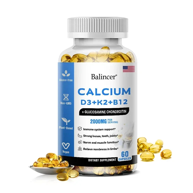Calcium Supplement with Vitamins D3+K2+B12 Supports Nerve and Muscle Function, Heart Health and Immunity