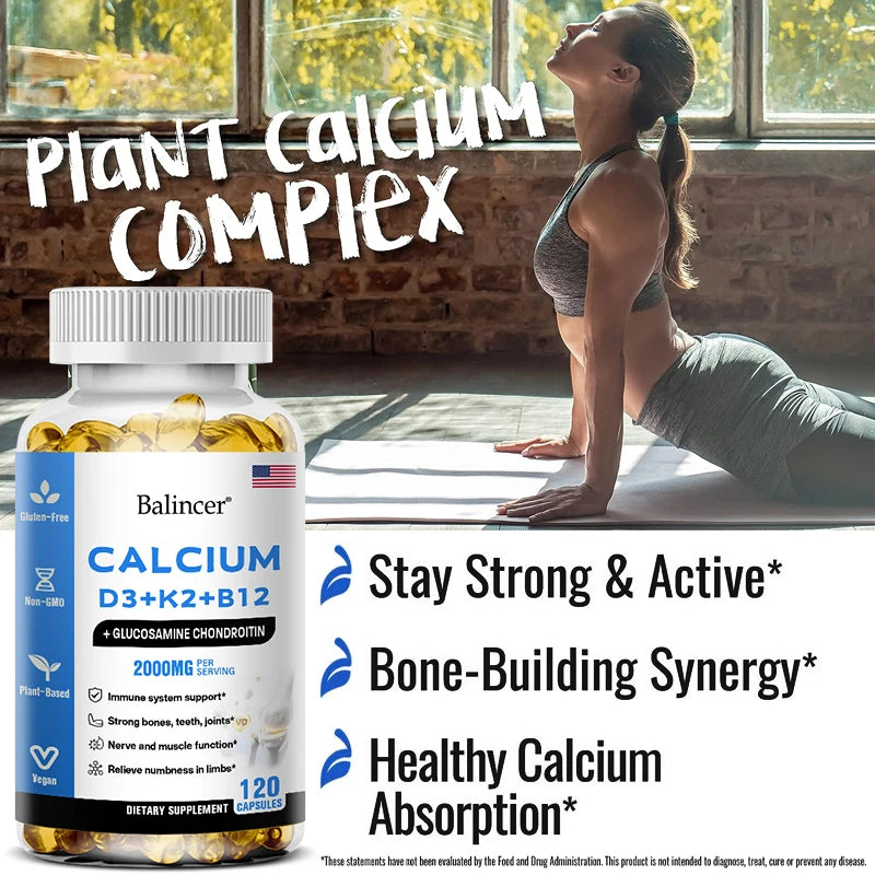 Calcium Supplement with Vitamins D3+K2+B12 Supports Nerve and Muscle Function, Heart Health and Immunity