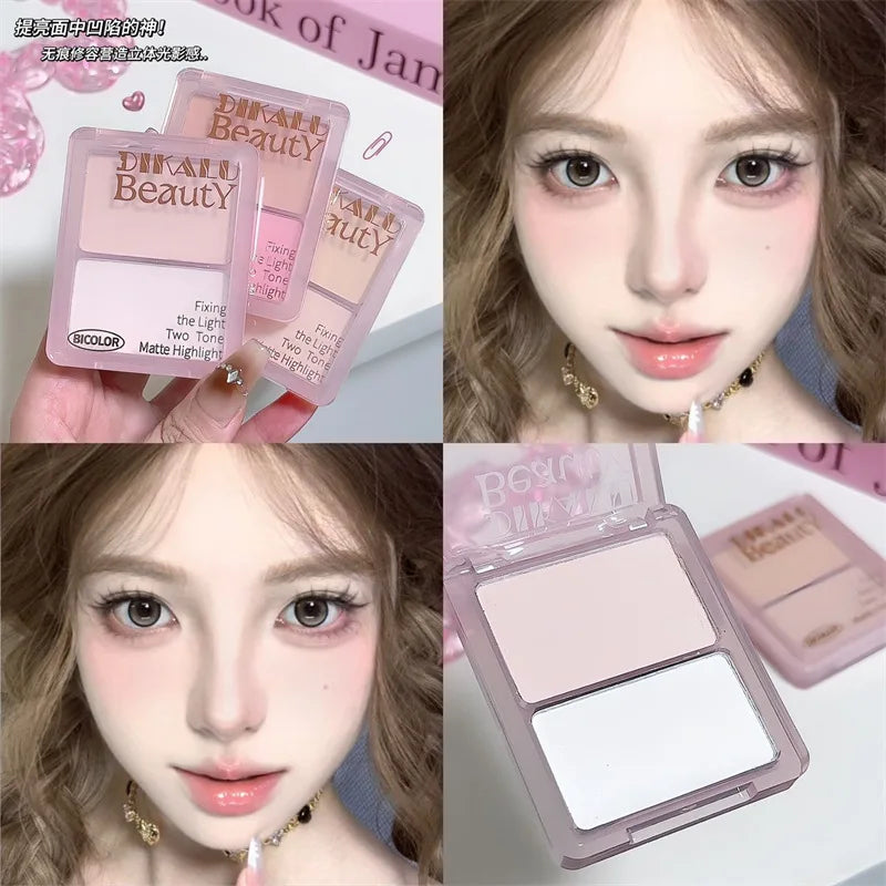 Two-tone Highlight Contour Palette Matte White Highlighter Grey Brown Nose Shadow Face Contouring Bronzer Brighten Powder Makeup