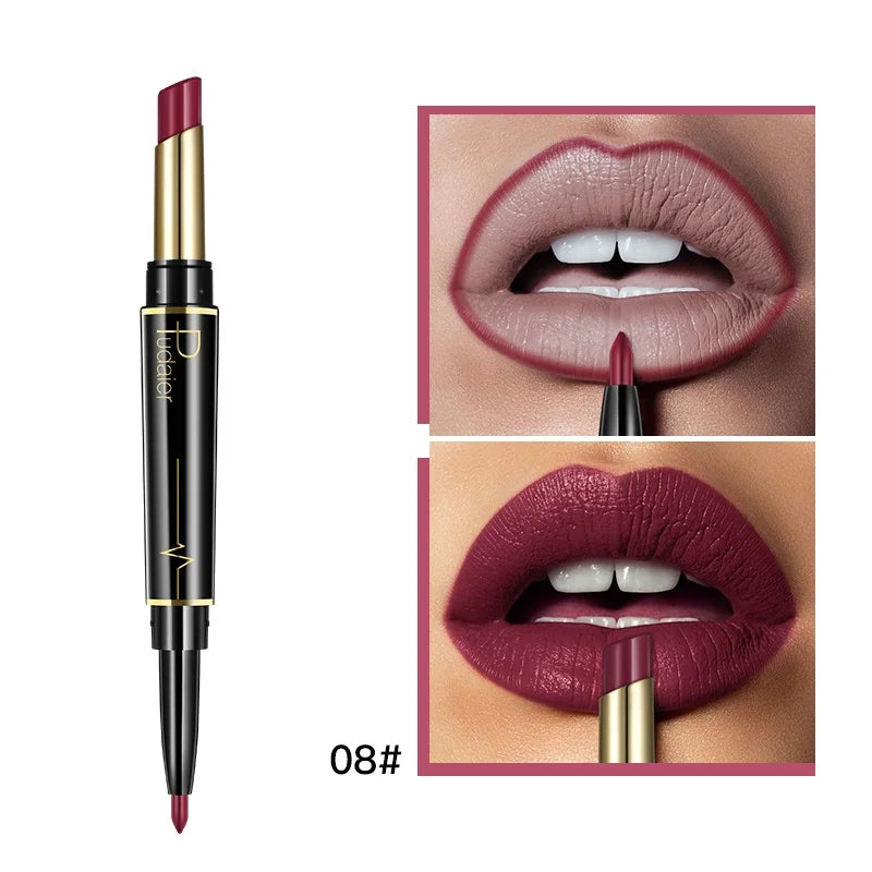 2 in 1 Lipstick and Lip Liner Pen, Matte Waterproof Long Lasting Lip Makeup Tool, Non-Fading Smooth Velvet Finish