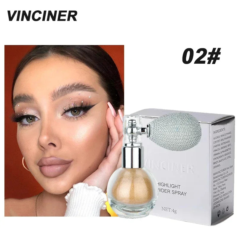 Fashion Highlighter Powder Spray High Gloss Glitter Powder Spray Shimmer Sparkle Powder Makeup for Face Body Highlight Makeup