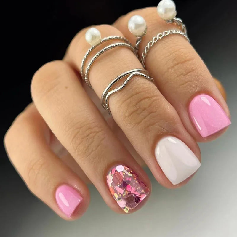 24Pcs Medium Short Square False Nails Glittering Nail Art White Wearable Fake Nail Silver French Full Cover Press on Nail Tips