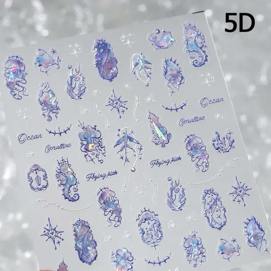 Goldfish Cavort Water Grass Lotus Flower Leaf Brocaded Carp Koi Ripple Droplet Water Bubbles 5D Nail Art Stickers Manicure Decal