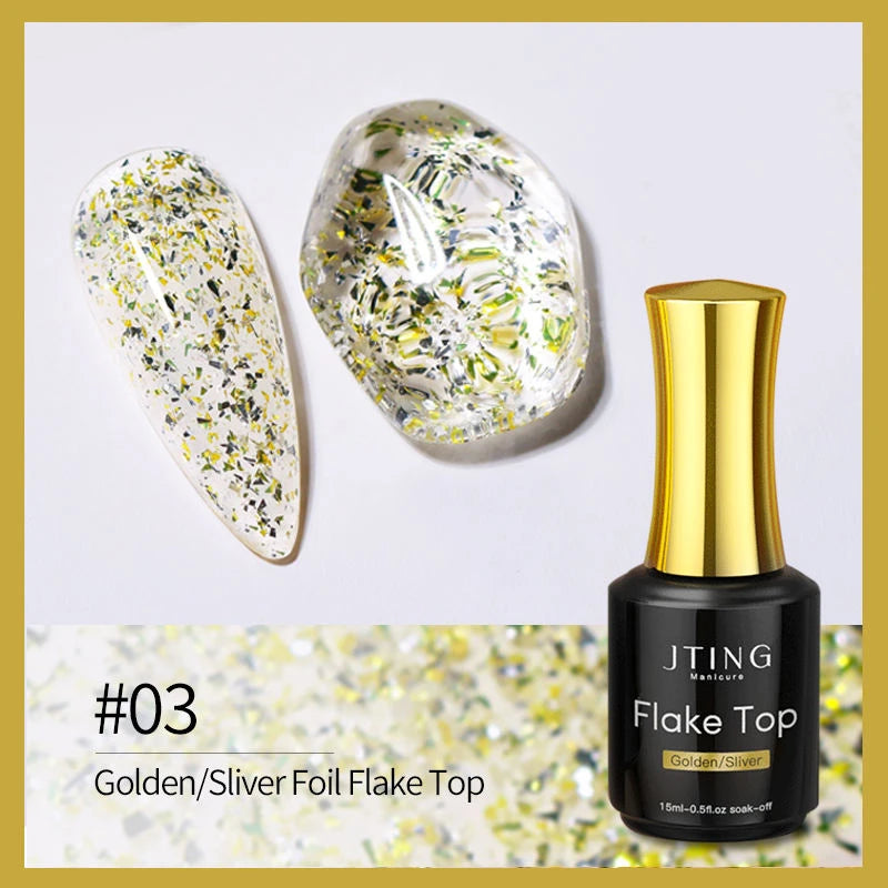 JTING 1pc 15ml Popular Glitter Chrome Foil Flakes Gold Sliver Top Coat Base Gel Polish