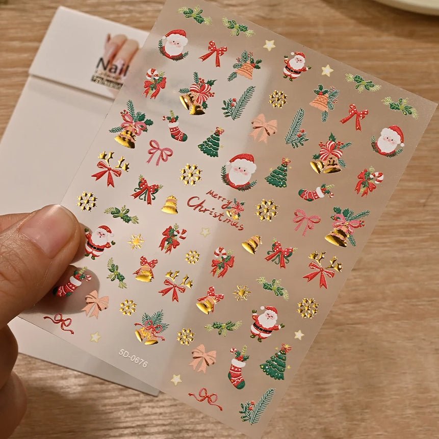 5D Red Bowknot/Gold Snowflakes/Christmas Tree Nail Stickers Cute White Snowflake Bow Christmas Nail Decals New Year Nail Supplie