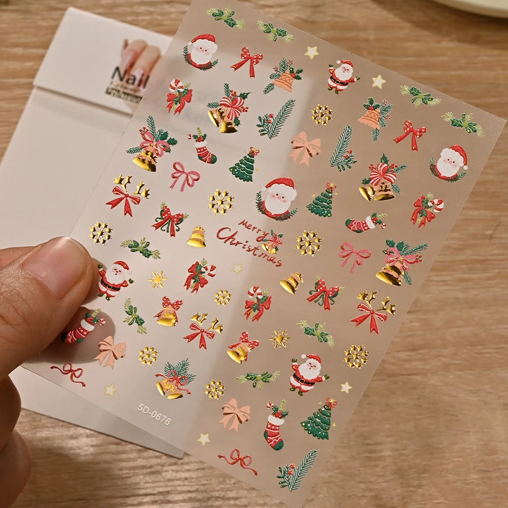5D Red Bowknot/Gold Snowflakes/Christmas Tree Nail Stickers Cute White Snowflake Bow Christmas Nail Decals New Year Nail Supplie