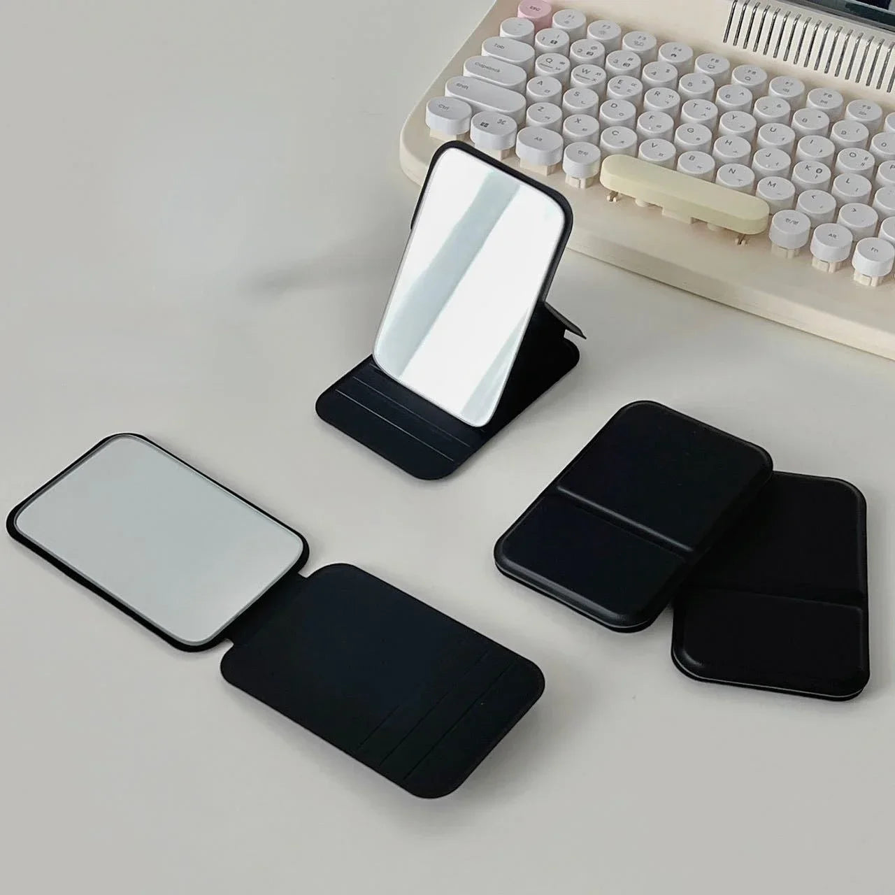 Desktop Makeup Mirror Solid Color PU Leather Simple Portable Handheld Makeup Mirror Foldable Student Compact Cute Pocket Mirror