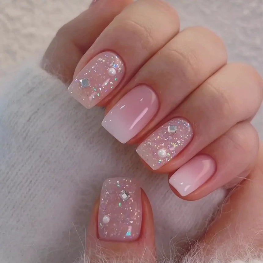 24Pcs Short False Nails with Shimmery Powder Ballet Nail Art Full Cover French Sheer Wearable Nail Manicure Tips for Girls Daily