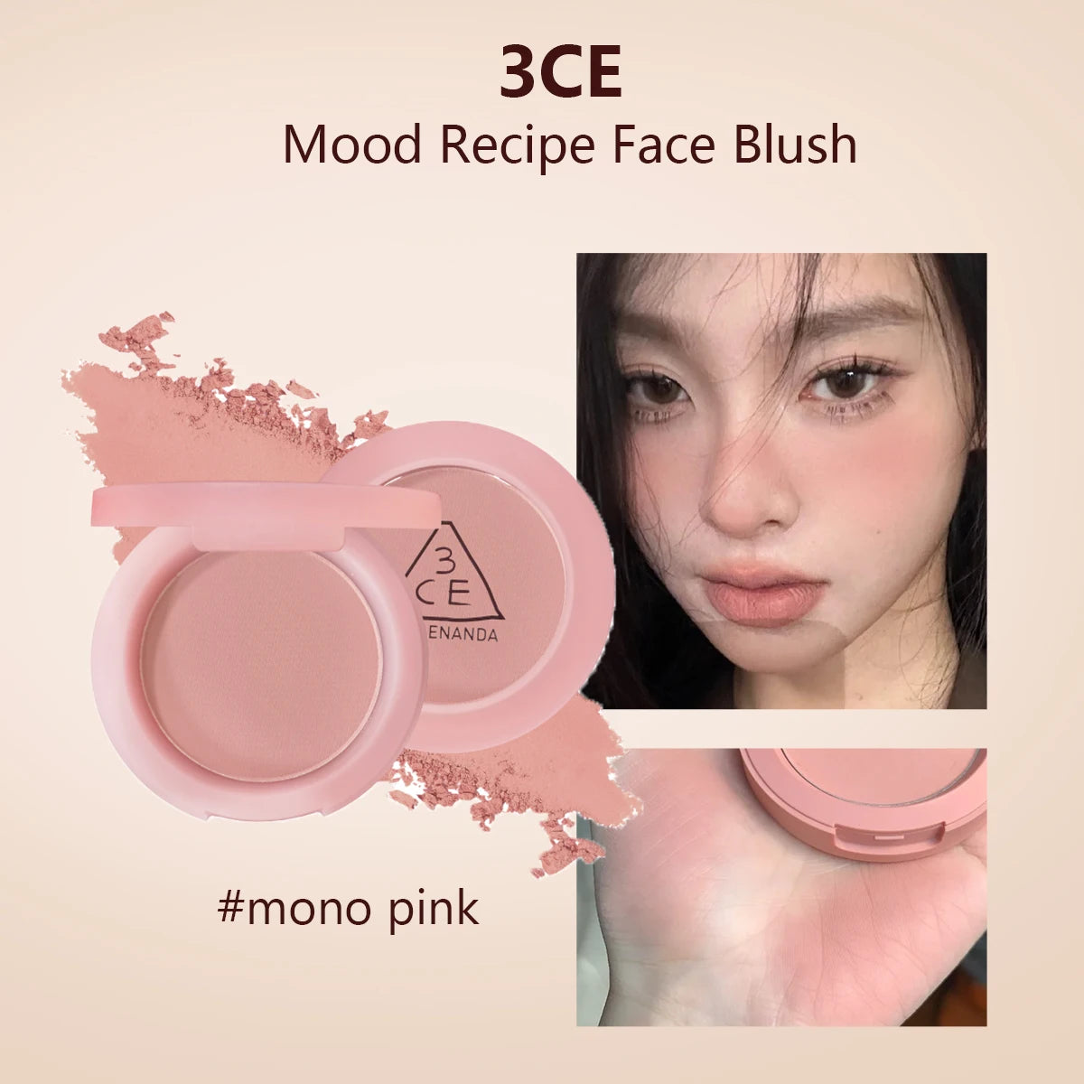 3CE Mood Recipe Face Blush,Silky Powder,Blendable,Natural Color Payoff,Long-Lasting Wear,Complete Makeup,K-Beauty,Korean Makeup