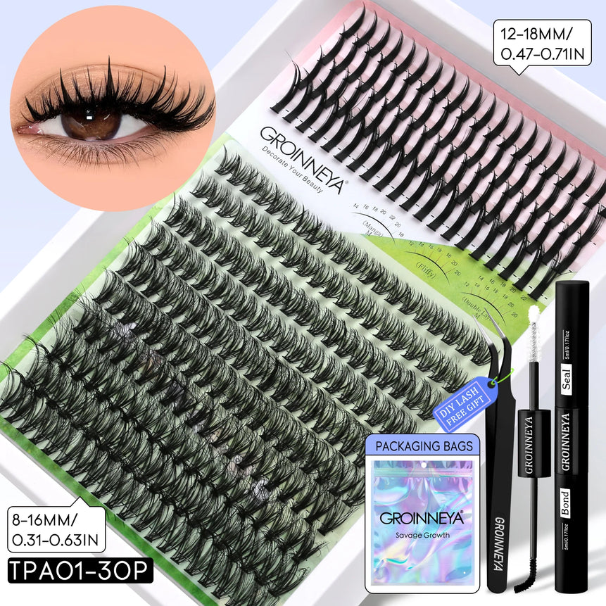 GROINNEYA Lash Clusters Kit DIY Manga Cluster Lashes Set Spikes Lashes Cluster Extension Full Set Individual Eyelashes Makeup