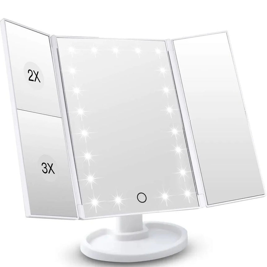 LED Vanity Makeup Mirror with Touch Control, Adjustable Lighting 1X, 2X, 3X Magnification, Trifold Design Ideal Gift for Women