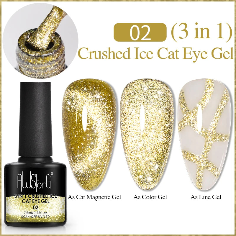 AWStorG 7.5ML Golden Gradient Cat Eye Magnetic Gel Sparkling Glitter Nail Polish Semi Permanent UV Nail Art No Need Base Color