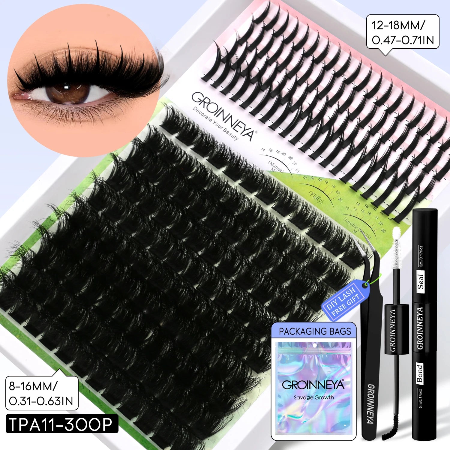 GROINNEYA Lash Clusters Kit DIY Manga Cluster Lashes Set Spikes Lashes Cluster Extension Full Set Individual Eyelashes Makeup