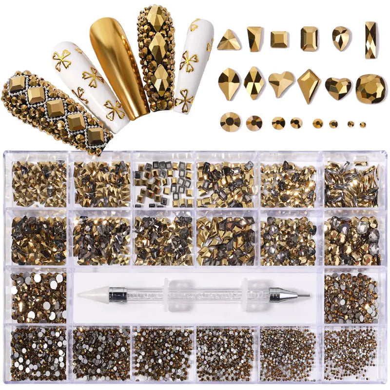 21 grid nail art diamond flat bottom glass diamond multi-style special-shaped diamond shiny nail rhinestone DIY nail art jewelry