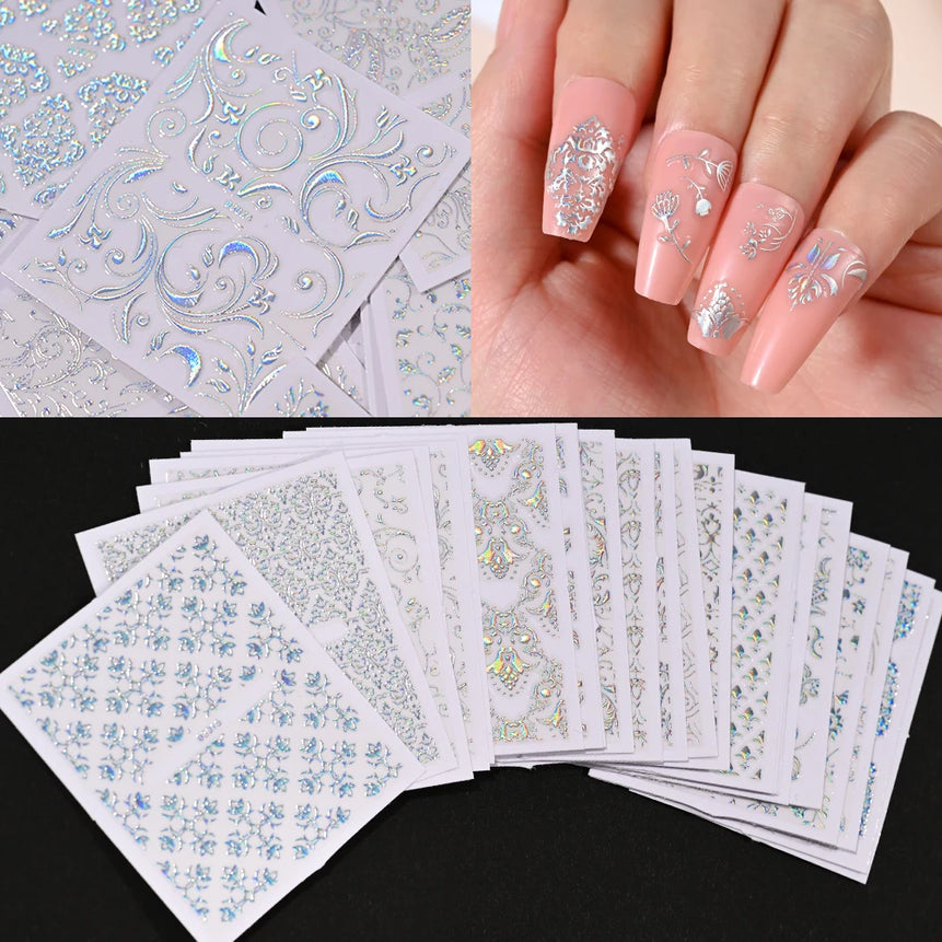 30 Sheets Gold Metallic Flowers Vine Nail Art Decals  3D Lace Flower Nail Sticker Self-Adhesive Nail Art Decoration 5.5*6.5cm